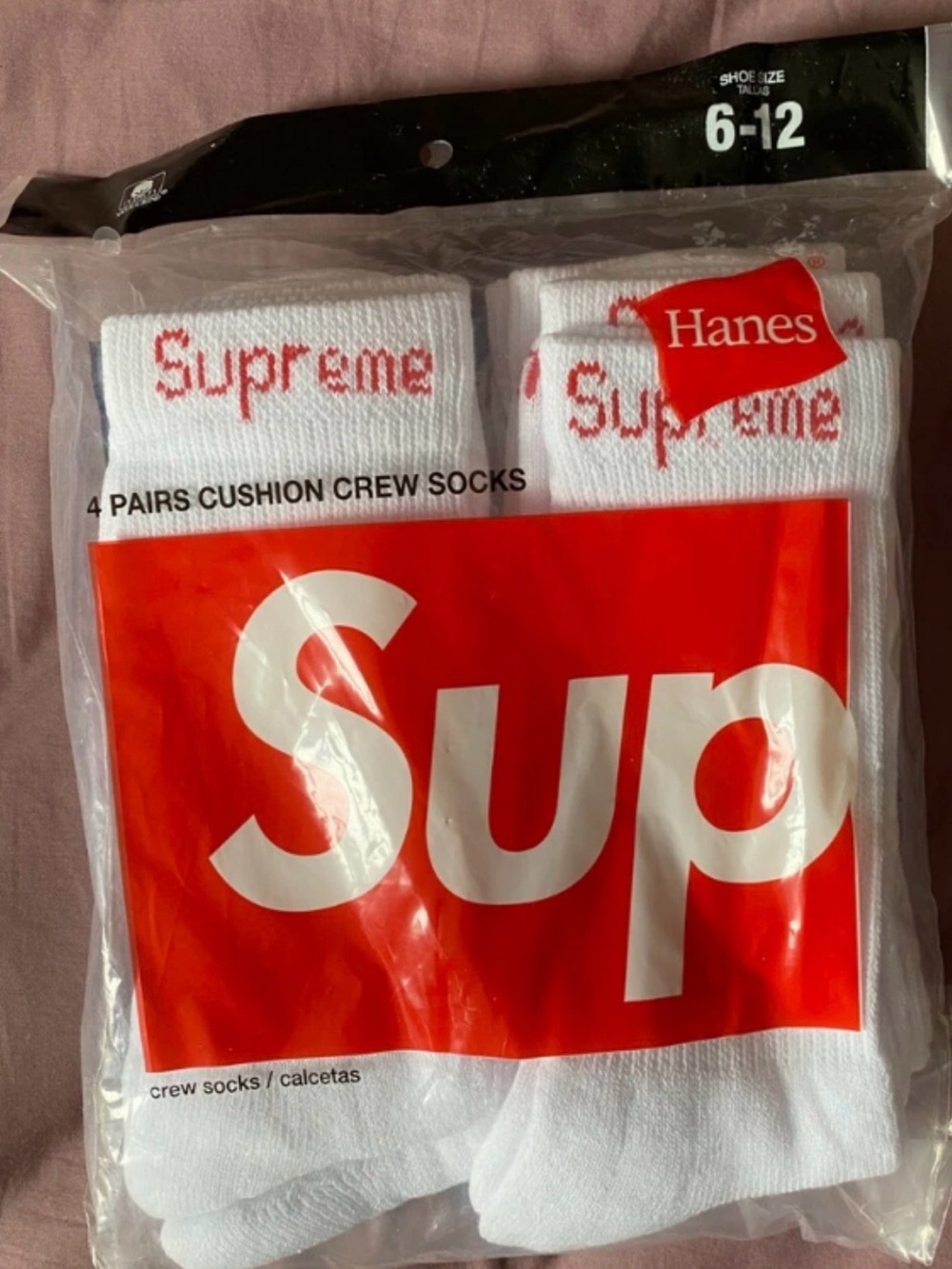 Mens’s Supreme x Hanes White Crew Socks with Red Logo - 4 Pack
